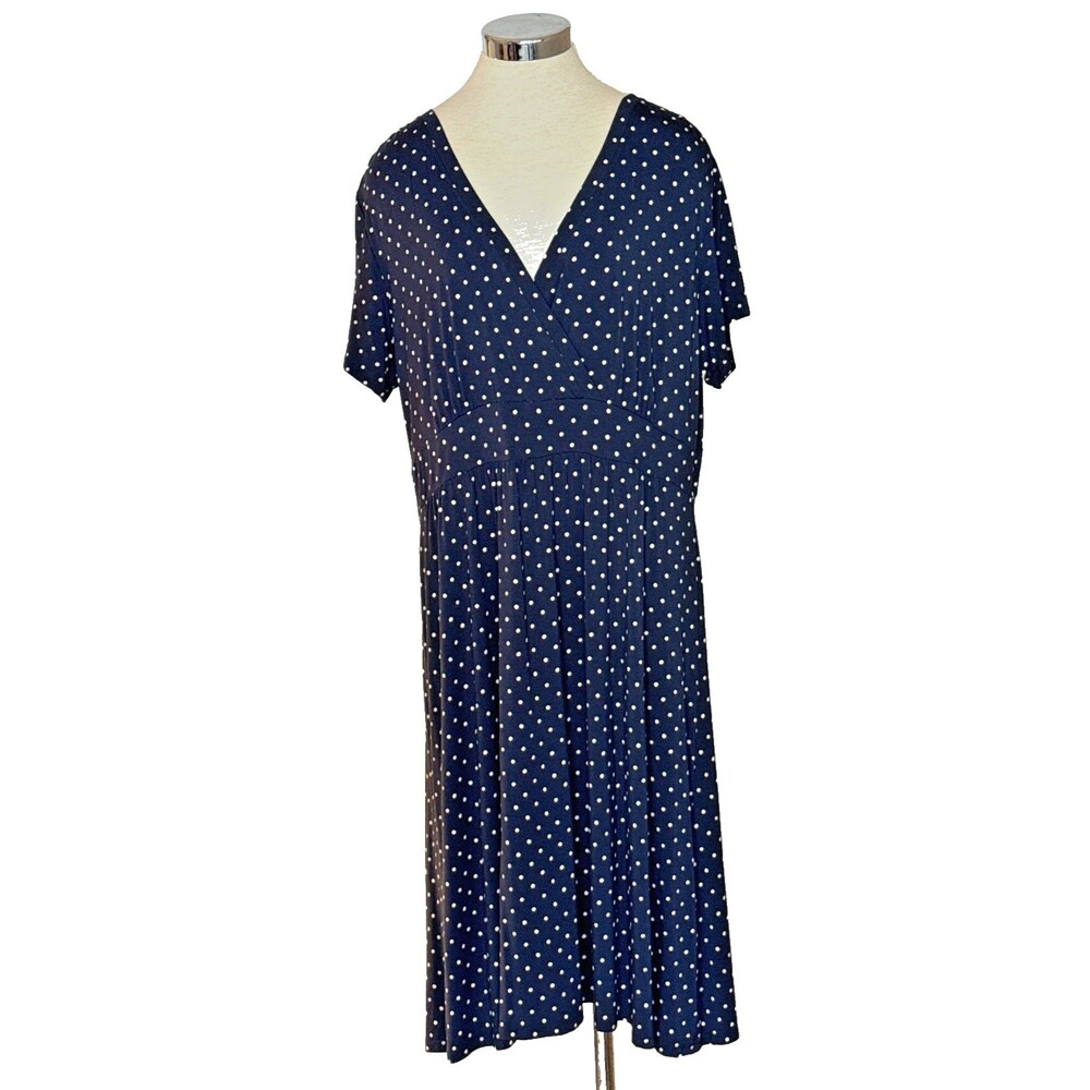 LL BEAN Womens 2X REG Navy White Ditsy Polka Dots Coastal Boho Resort Midi Dress